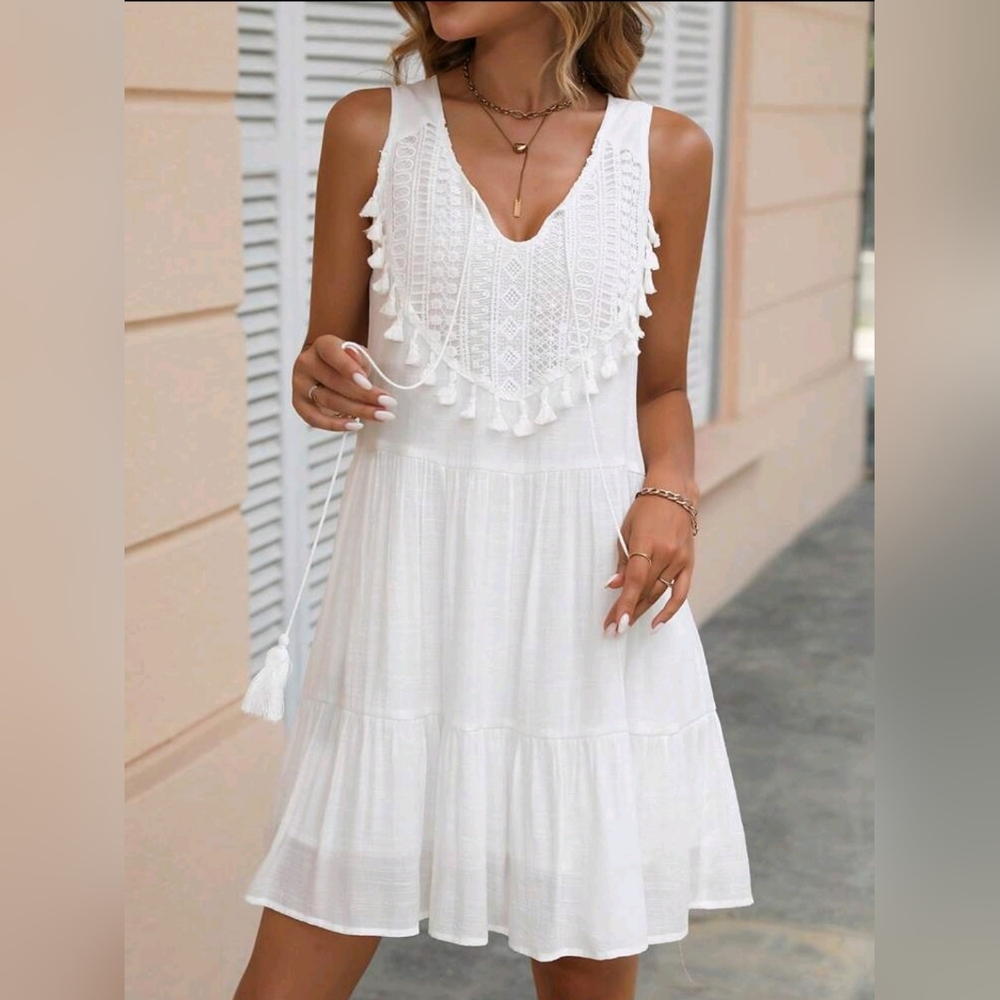 NEW Boho Crochet Lace Tie Tassel Dress Sleeveless Ruffle White